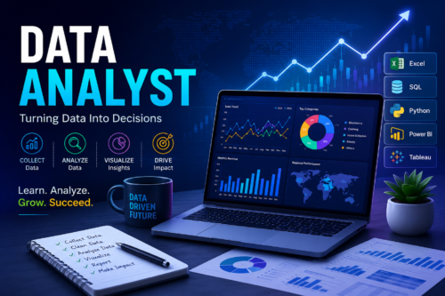Modern Data Analyst featured image showing analytics dashboards, laptop with business reports, Excel, SQL, Python, Power BI, and Tableau tools, representing a professional data analytics learning and career path.