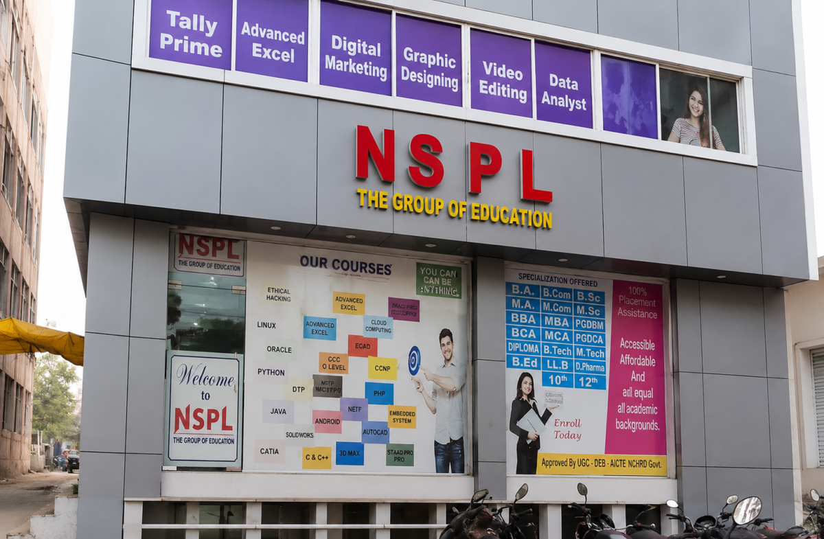 Front view of the NSPL Training Institute campus in Jaipur featuring a modern building exterior, professional branding, and career-focused courses including Digital Marketing, Graphic Designing, Video Editing, Data Analyst, Tally Prime, Advanced Excel, and placement assistance. NSPL Training Institute Jaipur, Best Training Institute Jaipur, Skill Development Institute Jaipur, Professional Courses Jaipur, Digital Marketing Institute Jaipur, Data Analyst Course Jaipur, Graphic Design Institute Jaipur, Video Editing Course Jaipur, Tally Prime Training Jaipur, Career Training Institute Rajasthan.
